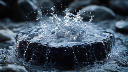Poster - Water splashing on dark rock in stream.