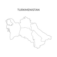  Simple black and white outline map of Turkmenistan, displaying its regional divisions. Ideal for geography education, cartography, and study materials