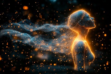 Poster - Ethereal figure surrounded by glowing particles showcases the beauty of light and movement in a surreal artistic expression at night