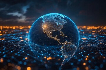Aufkleber - Global network illuminated with digital connections and shining cities at night over North America