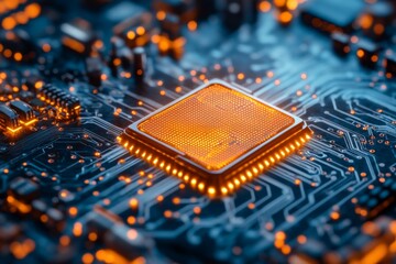 Aufkleber - Close-up view of a glowing microprocessor on a circuit board highlighting advanced technology connections and data processing
