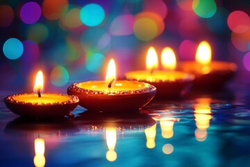 Poster - Colorful candles illuminate a serene setting during a festive celebration at night