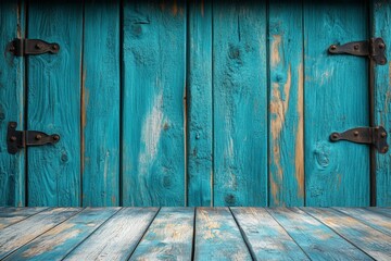 Aufkleber - Wooden backdrop with teal finish perfect for rustic decor or creative presentations in bright settings