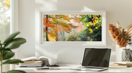 A white rectangular frame displayed in a home office, above a desk with a coffee cup, a laptop, and an open book. HD 8K mockup wallpaper Photographic Image