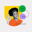 © master1305 - Playful rating. Happy woman showing OK sign with mid-rating graphic and message bubbles. Concept of quirky client feedback, casual engagement, marketing interaction, branding, testimonial