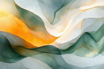 Poster - Abstract waves of color blend harmoniously in shades of green, orange, and white creating a serene and calming visual experience