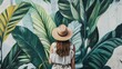 © Juan - Woman with hat facing large tropical leaf wall mural