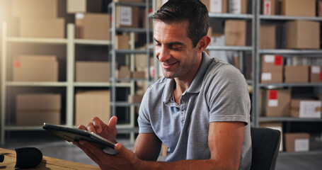 Aufkleber - Logistics, smile and tablet with man in distribution center for online order or schedule update. Boxes, courier and supply chain with happy employee in office for delivery, ecommerce or shipping