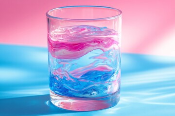 Poster - Swirling pink and blue liquid in a clear glass on a vibrant background