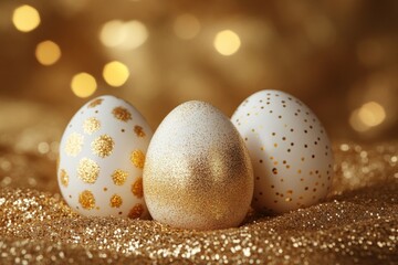 Poster - Decorative white and gold Easter eggs displayed on a shimmering golden background for spring celebrations