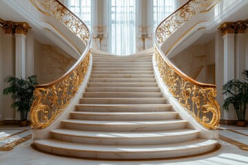 Poster - Elegant staircase with ornate railing in opulent interior during daylight