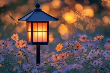 Aufkleber - Beautiful lantern illuminates a field of flowers during sunset in a serene garden setting