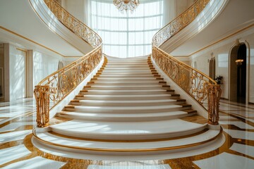 Poster - Elegant spiral staircase with golden accents in a luxurious interior setting during daylight
