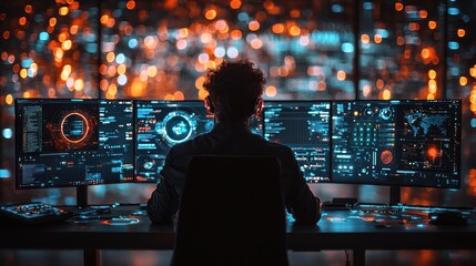 Hacker at work, using multiple monitors displaying data and code at night.