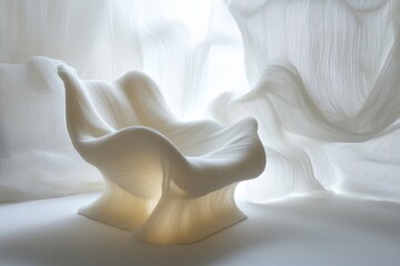 Leinwandbilder - Modern white chair illuminated by soft light in a minimalistic interior setting with flowing fabric backdrop