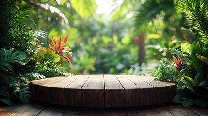 Poster - Wooden platform in lush tropical jungle setting.