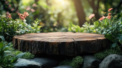 Poster - Wooden tree stump display in garden setting with flowers and sunlight.