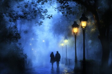 Poster - Couple walking through a foggy park at night with glowing street lamps illuminating the path