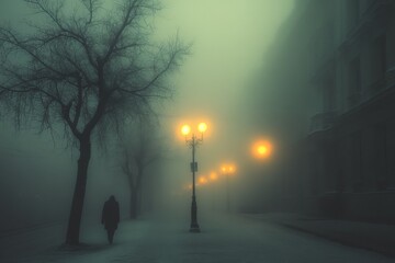 Aufkleber - Misty evening stroll through a foggy street with glowing lamps and a solitary figure