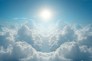 Poster - Sunlight breaks through clouds revealing a staircase in the sky during a bright daytime