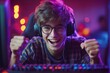 © ChaoticMind - Young gamer celebrates victory during an online match in a vibrant gaming room filled with colorful lights