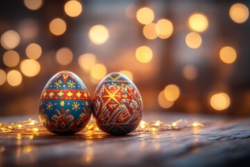 Poster - Colorful Easter eggs illuminate a festive atmosphere with twinkling lights in a cozy setting