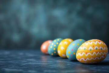 Poster - Colorful decorated eggs arranged in a row on a dark surface during Easter celebration