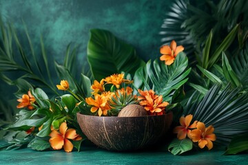 Poster - Colorful floral arrangement with coconut bowl and tropical leaves in a vibrant setting
