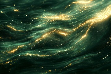 Poster - Dynamic shimmering waves with golden highlights flowing through deep green depths at twilight