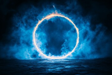 Aufkleber - Glowing circle of fire and smoke illuminates dark surroundings in a mystical atmosphere