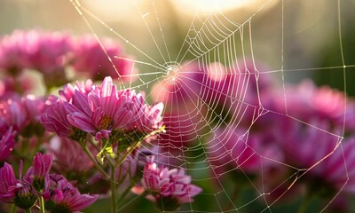 Wall Mural - spider web glistening with dew amidst pink flowers in morning light
