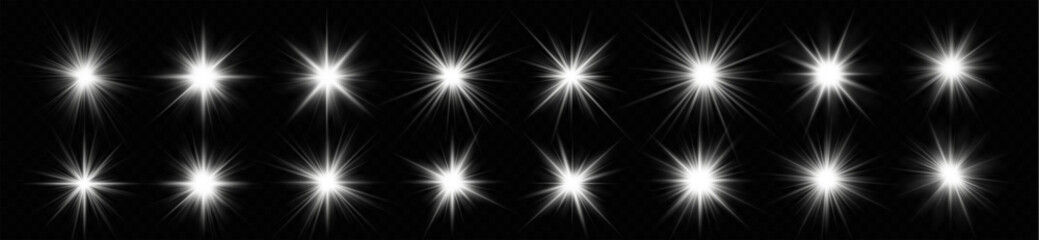 Wall Mural - star white set glowing vector sunlight flare ray flash glow shine glare shiny effect abstract burst 