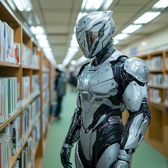 futuristic robot in library.