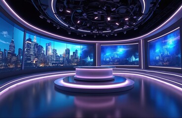 Modern news television broadcasting studio with city view from windows. Virtual news program production room, technology, media, and communication center. Empty stage with screen.