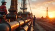 © Viktor - Oil workers examine equipment at a drilling site during sunset. Team performs maintenance. Men in safety gear. Oil and gas industry production process. Industrial landscape, energy sector.