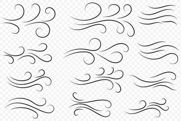 Wind icSet wind blow line icon. Blowing wind outline icons. Windy weather symbol, logo - vectoron set on Transparent Background. EPS 10.