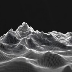 Poster - Abstract Wireframe Landscape: A digital representation of mountains with a minimalist grid design on a dark background.