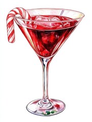 Wall Mural - Red Christmas martini with candy cane, watercolor clipart illustration with isolated background.