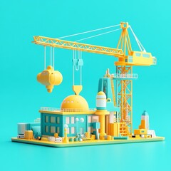 Poster - Architectural Model: A Colorful Construction Site with Crane and Building Components on a Bright Turquoise Background