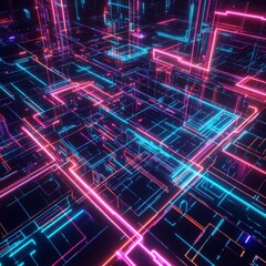 Aufkleber - Cybernetic Gridscape: Abstract Neon Lines Intersecting in a Futuristic Matrix on a Deep Black Background