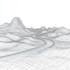 Aufkleber - Wireframe Landscape with Road: A minimalist, abstract depiction of mountains and terrain, rendered in a geometric grid pattern, showing a winding path.