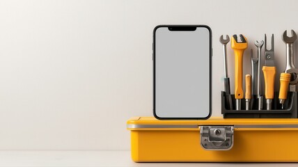 Smartphone on toolbox with tools, modern technology meets traditional craftsmanship concept.