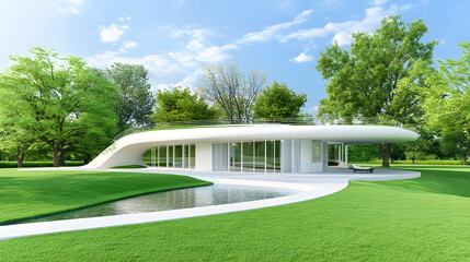 Fototapete - A modern, sleek house surrounded by lush greenery and a serene pond, blending architecture with nature under a bright blue sky