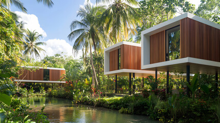 Fototapete - Modern architectural houses with wooden facades are elevated above a serene waterway, surrounded by lush greenery and palm trees