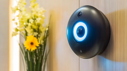 Fototapete - A modern security camera mounted on a wall, with a vibrant blue light, alongside a decorative arrangement of flowers