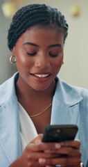 Poster - Typing, happy and business black woman with phone for networking, social media and internet for email. Professional, corporate and worker on smartphone for chatting, contact and online communication