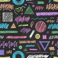 Wall Mural - Seamless Grunge Pattern of Chalk Drawn Mix of Scribbles and Geometric Figures on Chalkboard Backdrop. Handwritten Print.
