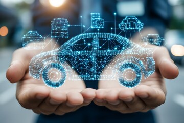 Fototapete - Advanced digital technology showcased in hands with holographic car design and connected features