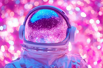 Wall Mural - astronaut helmet reflects vibrant cosmic colors in a space-themed environment during nighttime explo