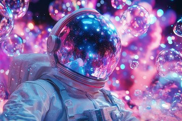 Poster - Astronaut in a colorful cosmic environment surrounded by ethereal bubbles and swirling galaxies
